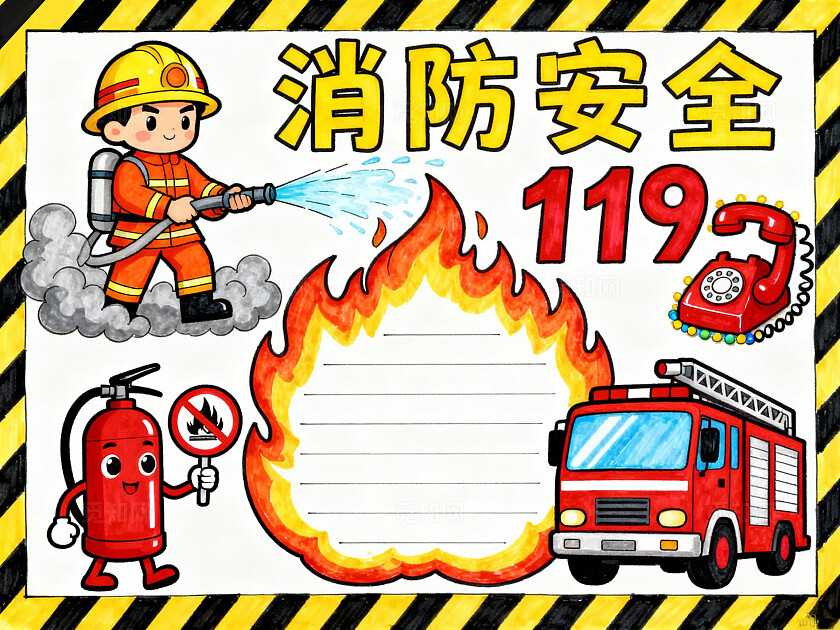 黄黑边框彩色卡通手绘消防安全119小报手抄报小学生手抄报