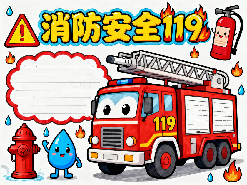 彩色卡通手绘消防安全119小报手抄报小学生手抄报