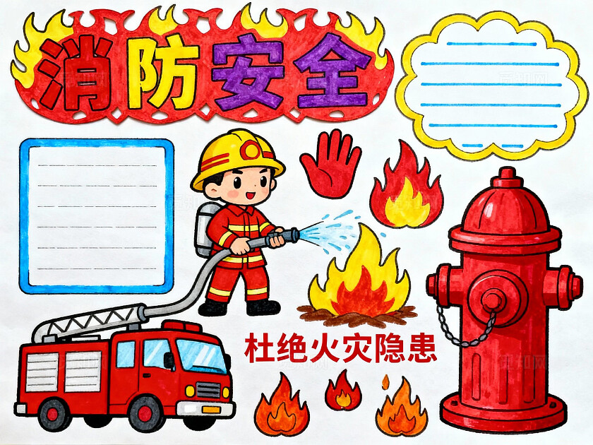 彩色卡通手绘消防安全小报手抄报小学生手抄报
