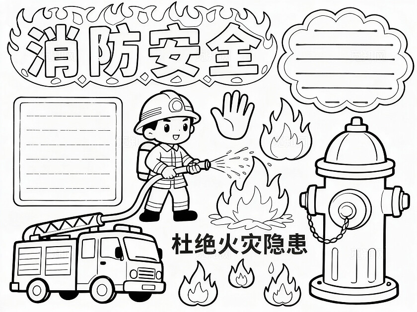 彩色卡通手绘消防安全小报手抄报小学生手抄报