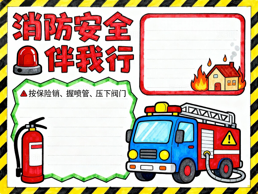 黄黑边框卡通手绘消防安全伴我行小报手抄报小学生手抄报