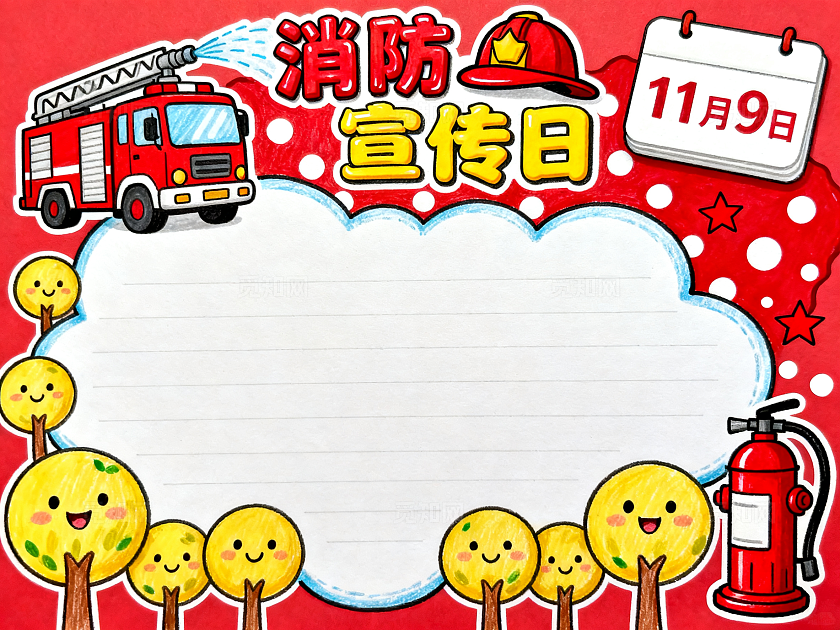 红黄色卡通手绘消防宣传日小报手抄报小学生手抄报