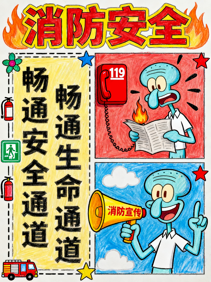 彩色卡通手绘消防安全小报手抄报小学生手抄报