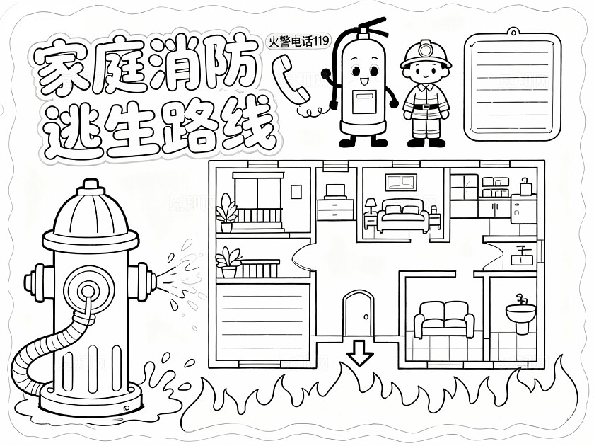 红色卡通手绘家庭消防逃生路线图小报手抄报小学生手抄报