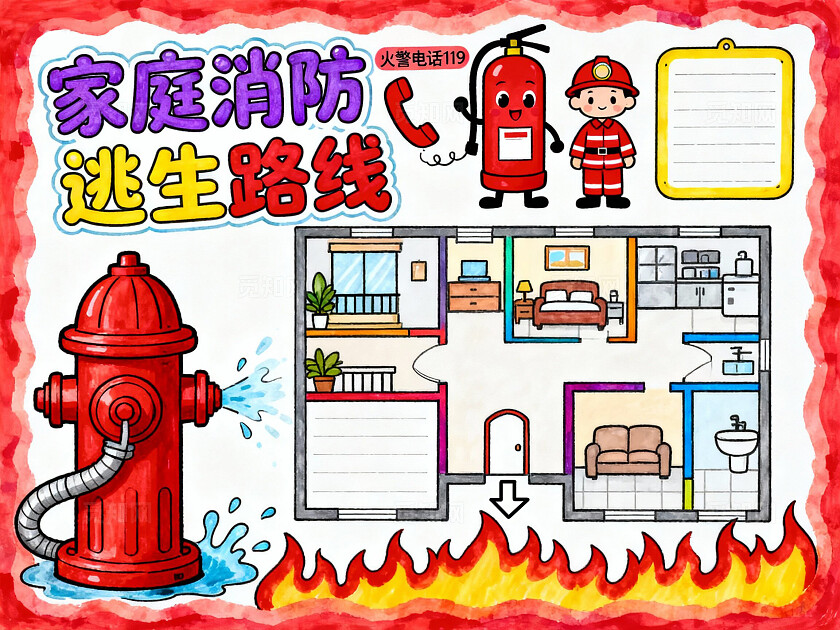 红色卡通手绘家庭消防逃生路线图小报手抄报小学生手抄报