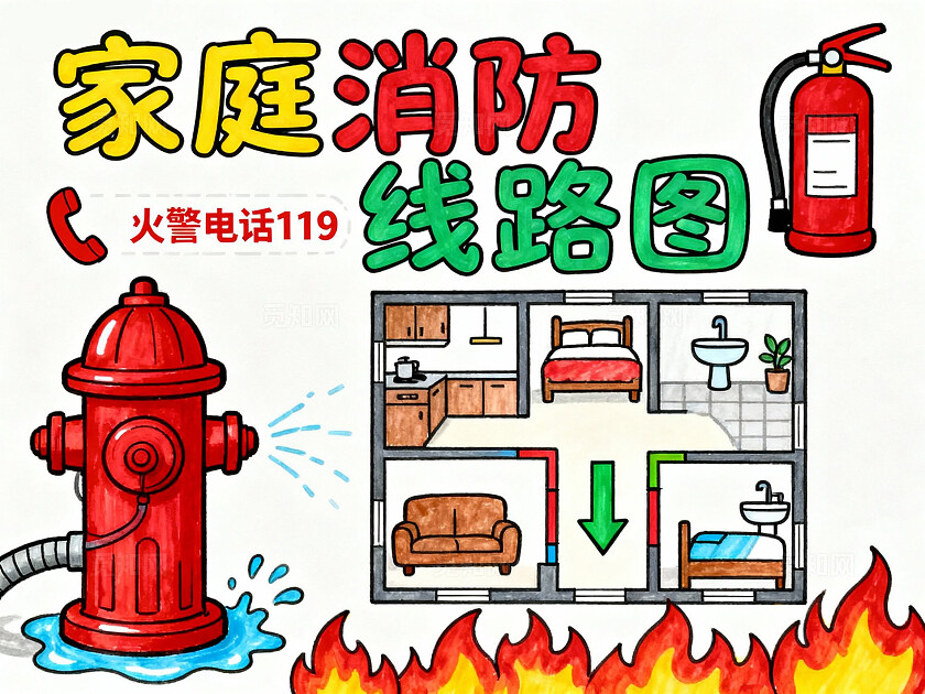 彩色卡通手绘家庭消防逃生路线图小报手抄报小学生手抄报