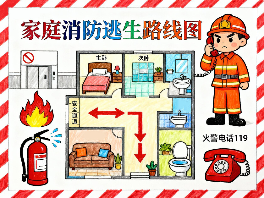 红白边框家庭消防逃生路线图小报手抄报小学生手抄报
