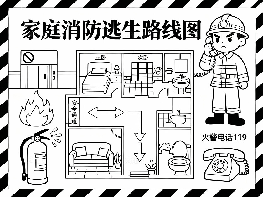 红白边框家庭消防逃生路线图小报手抄报小学生手抄报