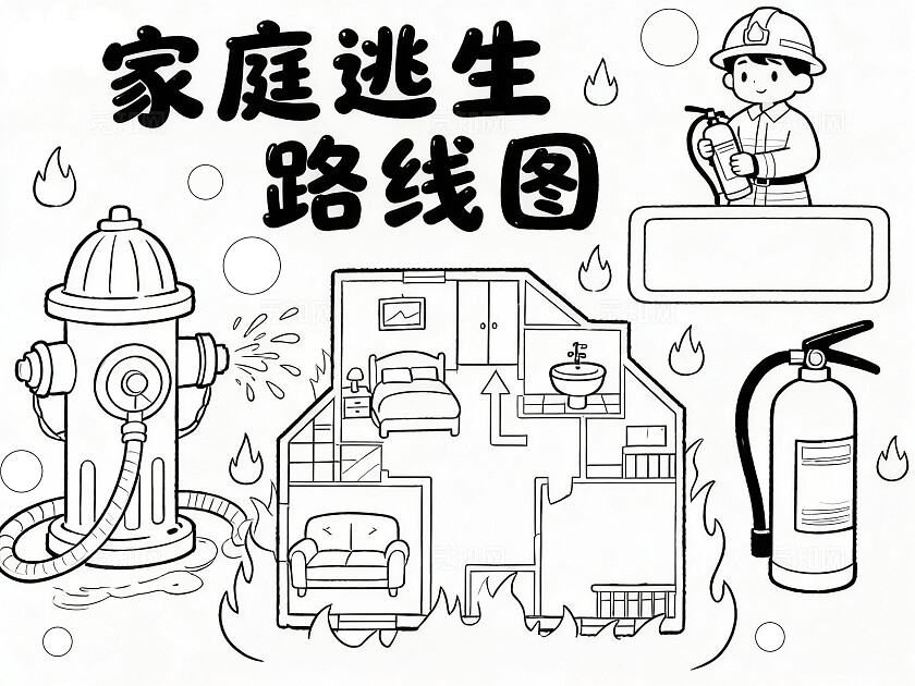 彩色卡通手绘小清新家庭消防逃生路线图小报手抄报小学生手抄报