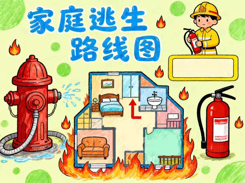 彩色卡通手绘小清新家庭消防逃生路线图小报手抄报小学生手抄报