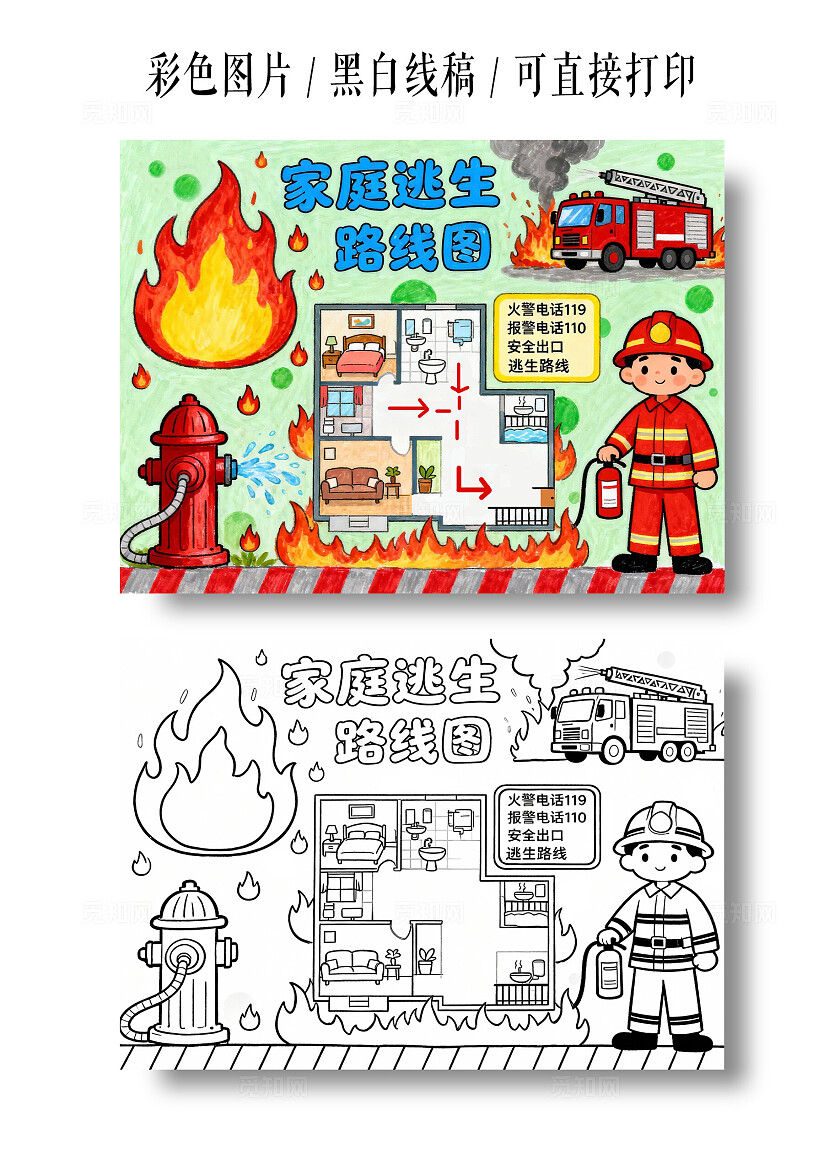 彩色卡通手绘家庭消防逃生路线图小报手抄报小学生手抄报