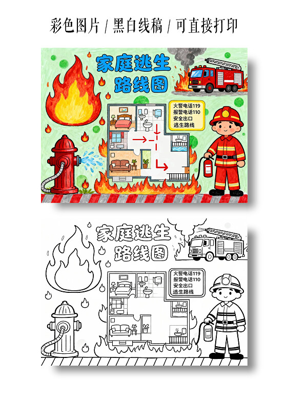 彩色卡通手绘家庭消防逃生路线图小报手抄报小学生手抄报