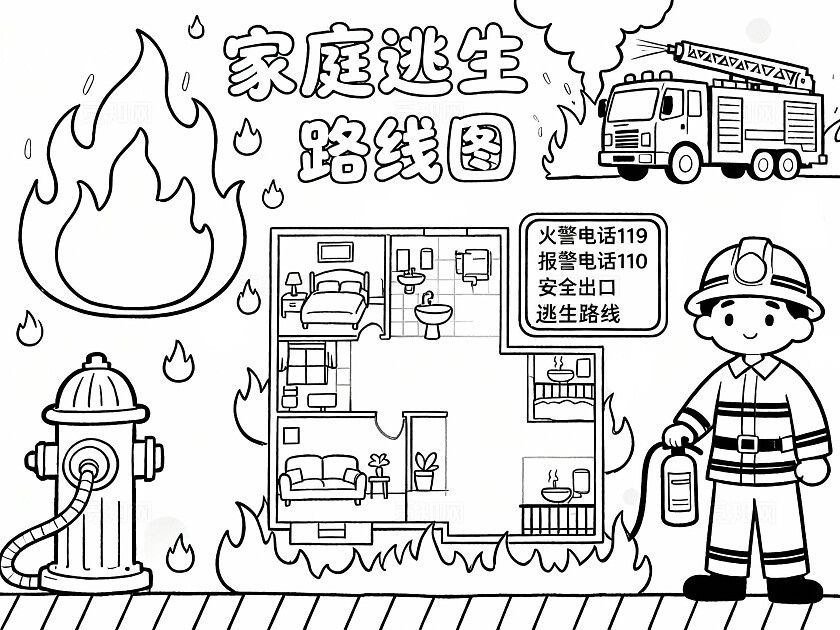 彩色卡通手绘家庭消防逃生路线图小报手抄报小学生手抄报