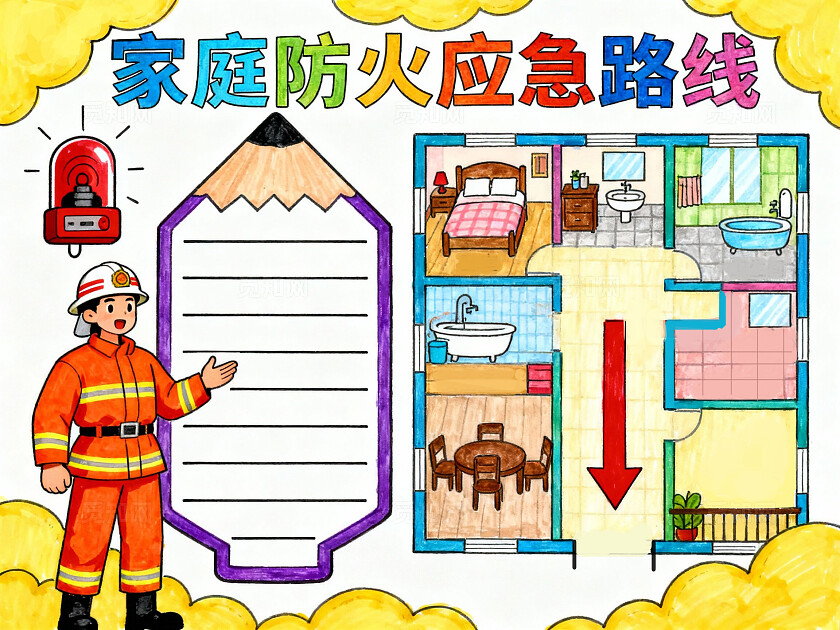 黄色卡通手绘家庭防火应急路线消防逃生路线图小报手抄报小学生手抄报