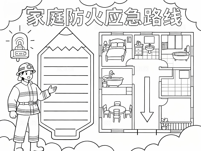 黄色卡通手绘家庭防火应急路线消防逃生路线图小报手抄报小学生手抄报
