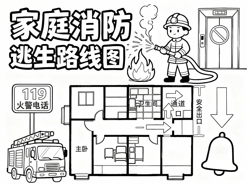 彩色卡通手绘家庭消防逃生路线图小报手抄报小学生手抄报