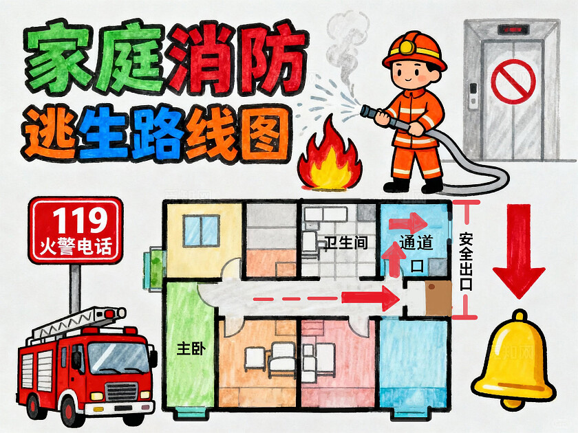 彩色卡通手绘家庭消防逃生路线图小报手抄报小学生手抄报
