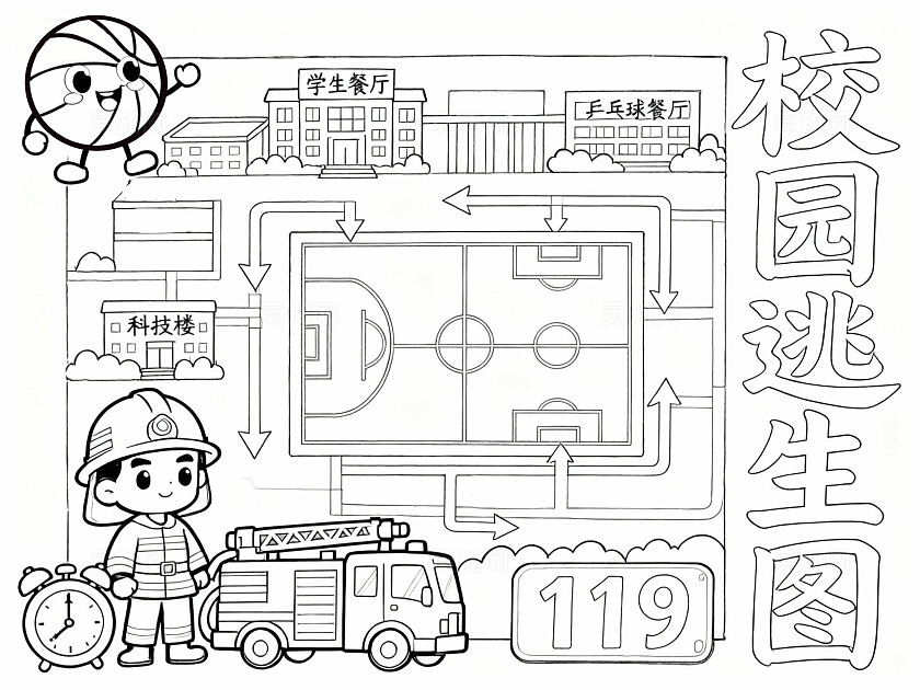 彩色卡通手绘校园消防逃生路线图小报手抄报小学生手抄报