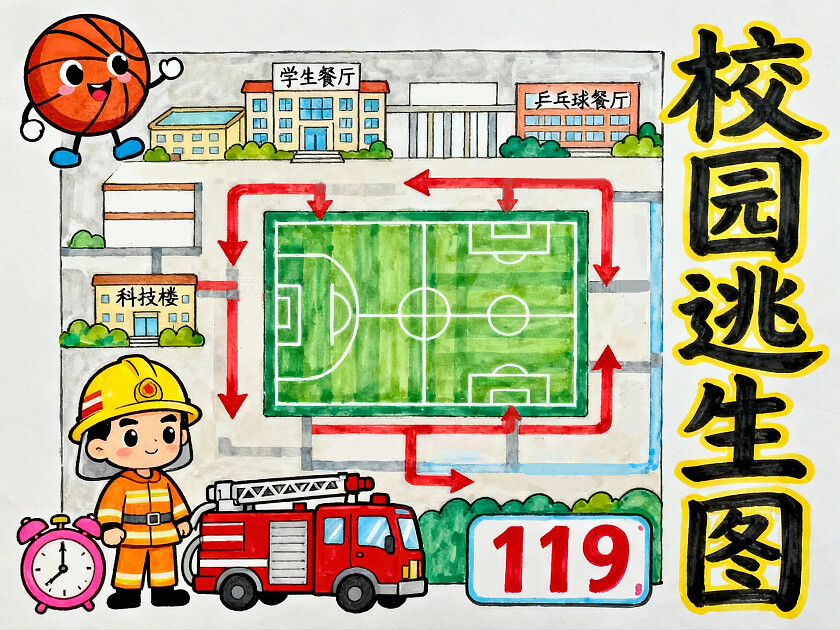 彩色卡通手绘校园消防逃生路线图小报手抄报小学生手抄报