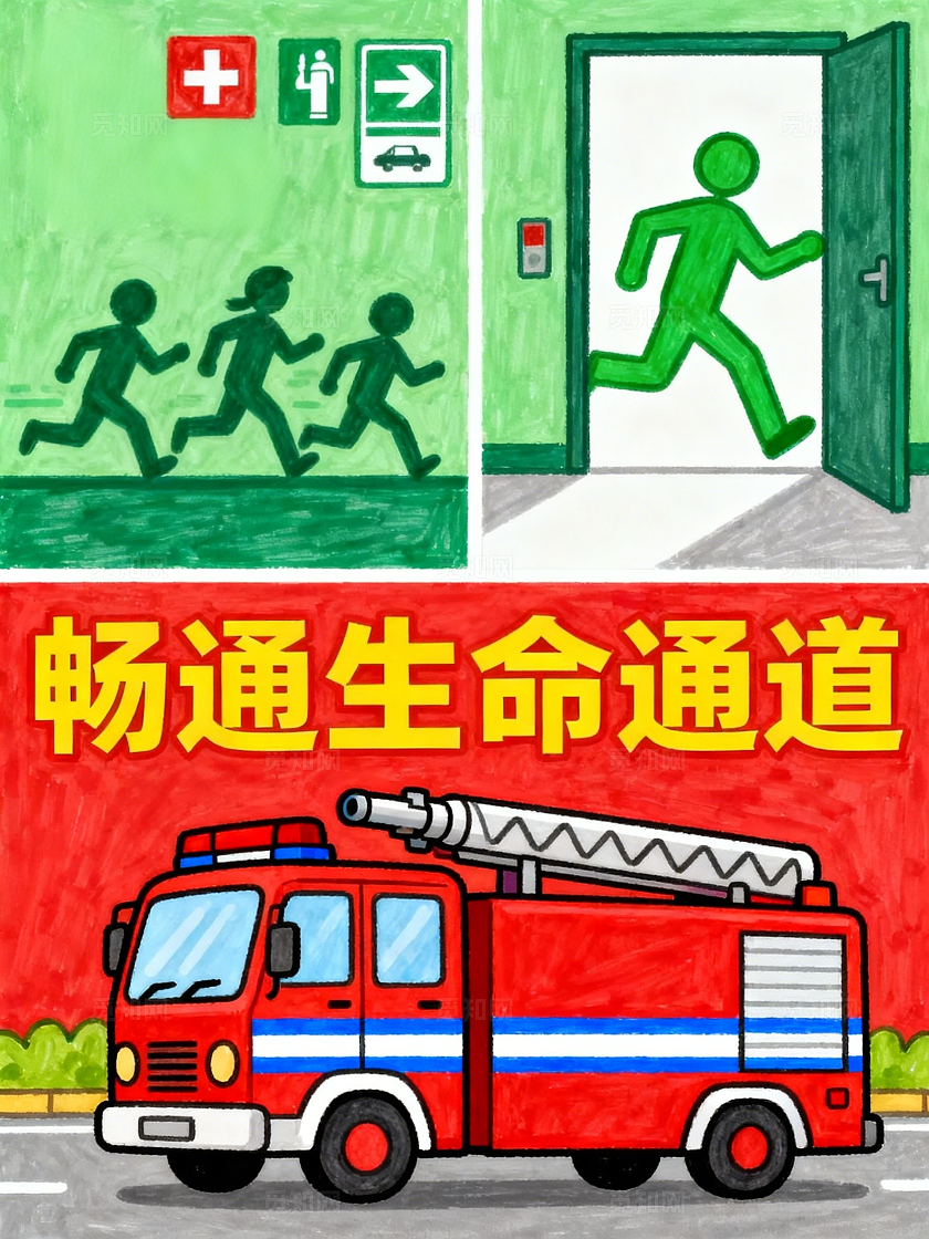 红绿色卡通手绘畅通生命通道小报手抄报小学生手抄报消防逃生路线图