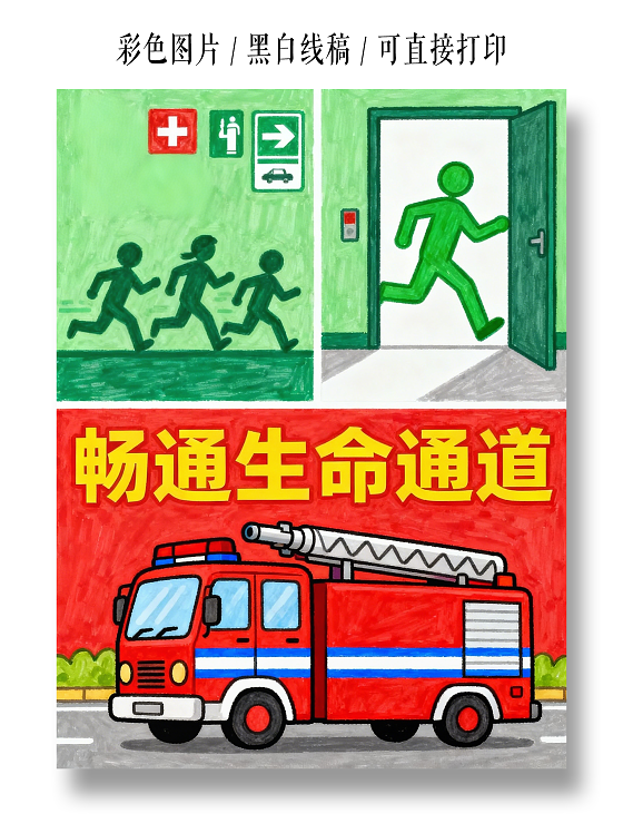 红绿色卡通手绘畅通生命通道小报手抄报小学生手抄报消防逃生路线图