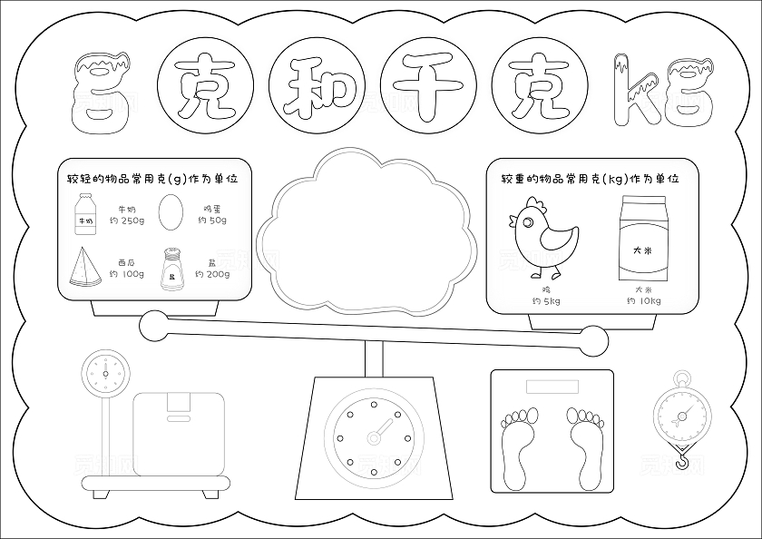 卡通手绘克与千克手抄报数学