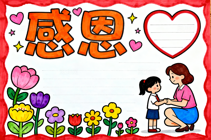 红色卡通手绘感恩小报手抄报小学生手抄报