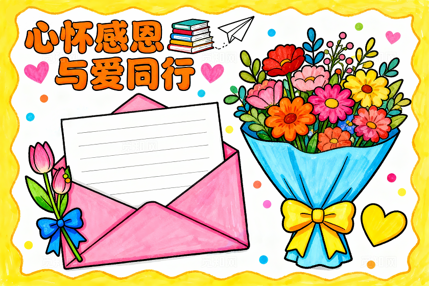 黄色卡通手绘鲜花心怀感恩与爱同行小报手抄报小学生手抄报