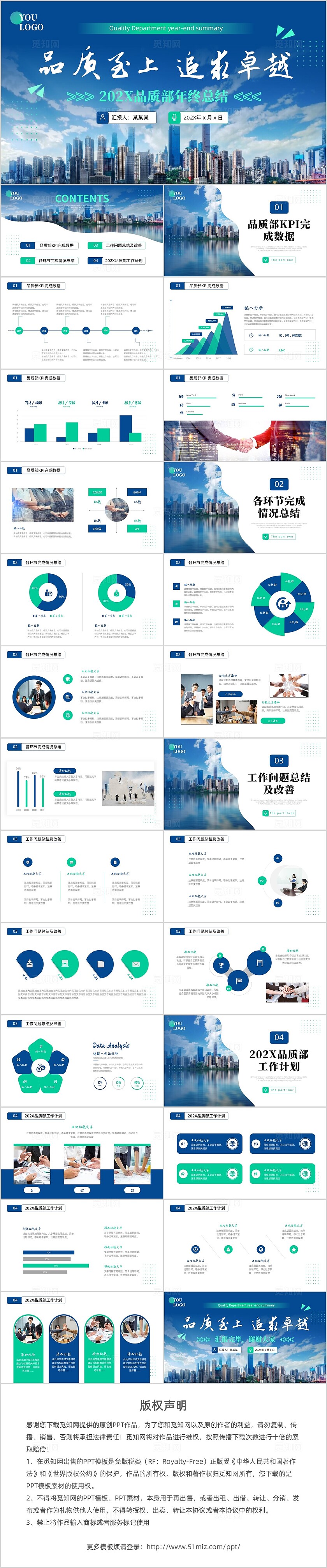 蓝绿简约商务色品质部年终总结年终工作总结通用PPT模板