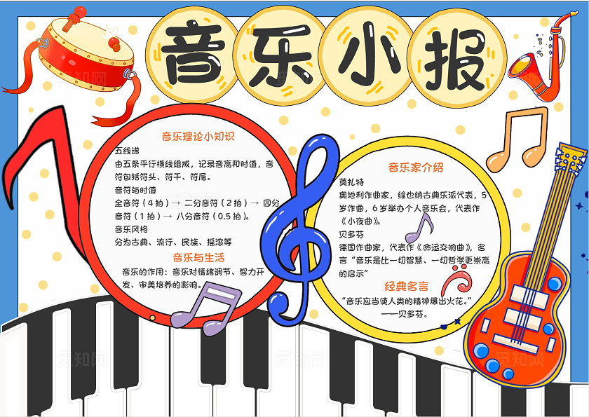 蓝色手绘卡通音乐小报小学生手抄报