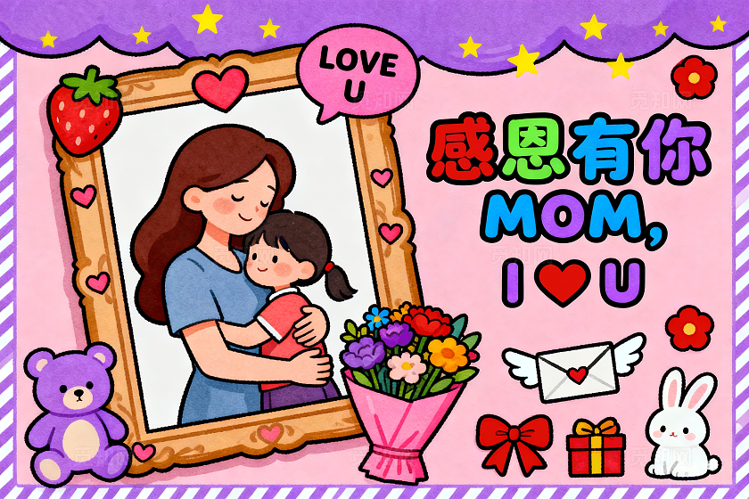 粉紫色卡通手绘感恩有你小报手抄报小学生手抄报