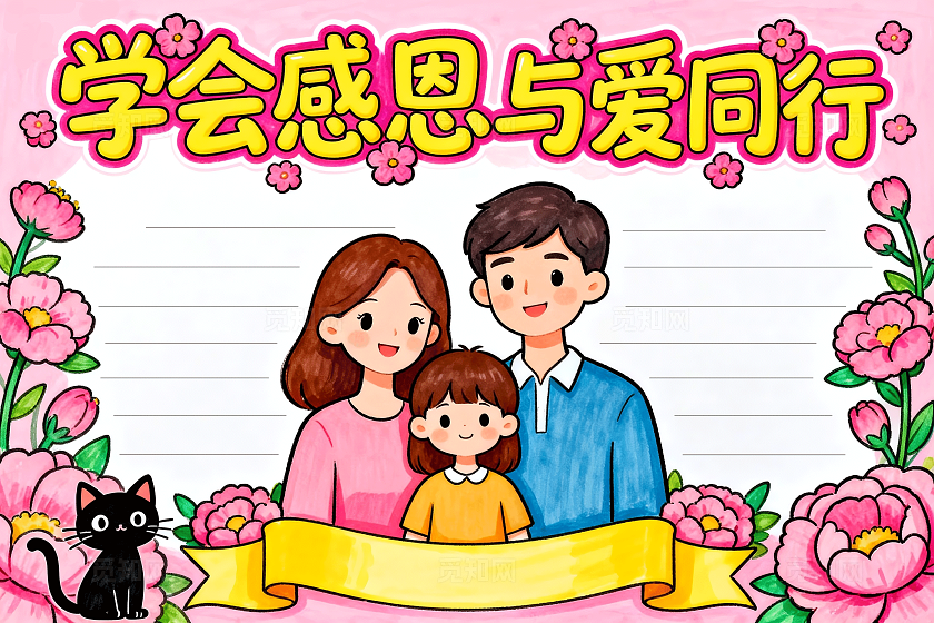 粉色卡通手绘学会感恩与爱同行小报手抄报小学生手抄报