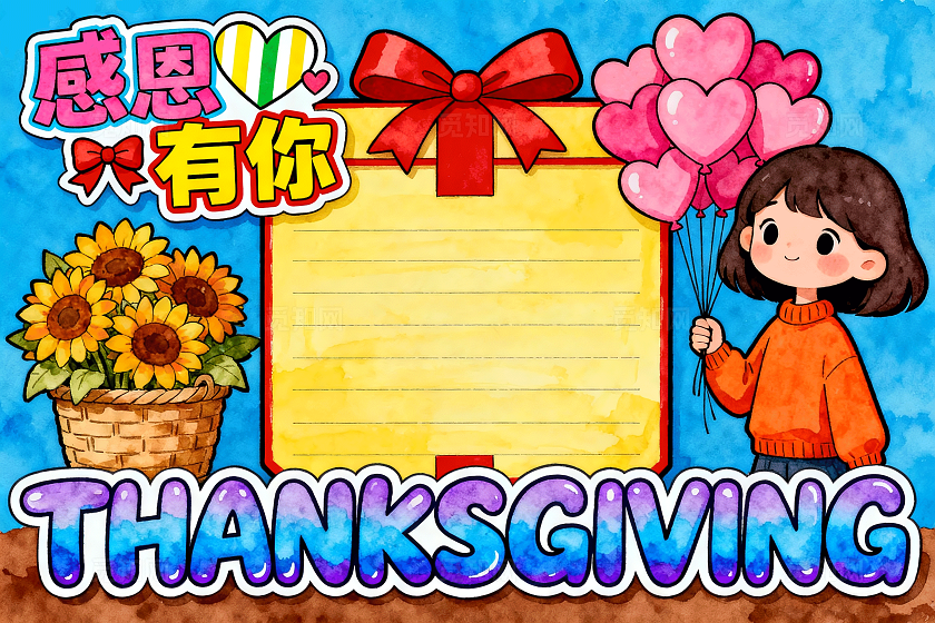 蓝色卡通手绘感恩有你小报手抄报小学生手抄报