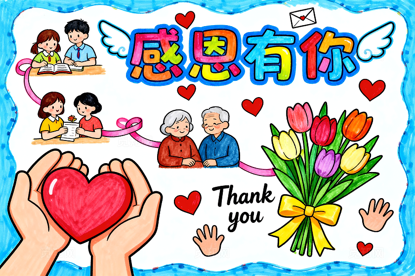 蓝色卡通手绘感恩有你小报手抄报小学生手抄报