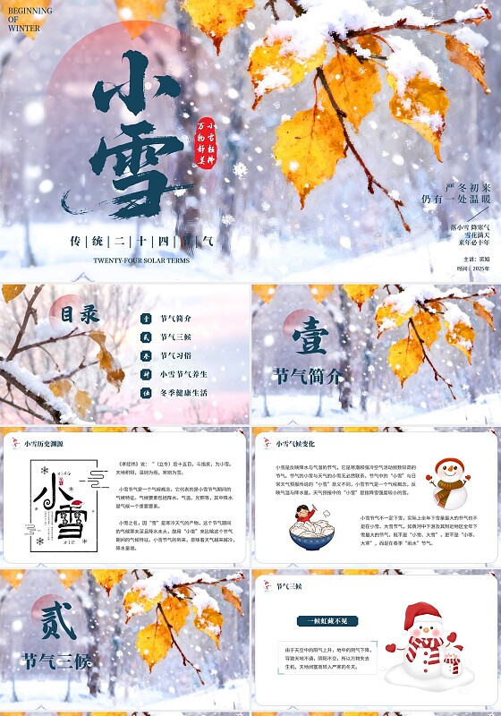 蓝色简约传统二十四节气小雪轻拂万物静美落小雪降寒气小雪节气