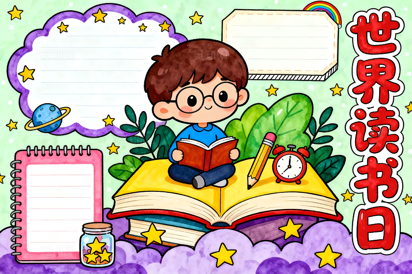 彩色卡通手绘世界读书日小报手抄报小学生手抄报