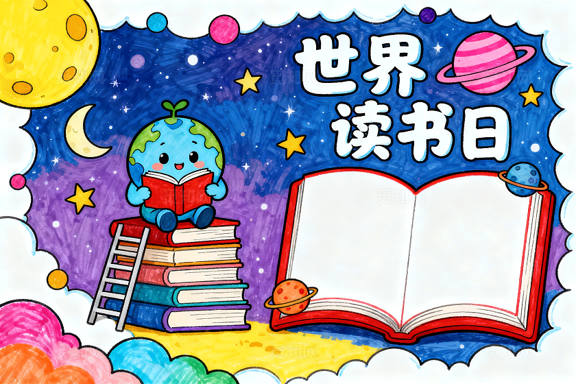 彩色卡通手绘世界读书日手抄报小学生手抄报