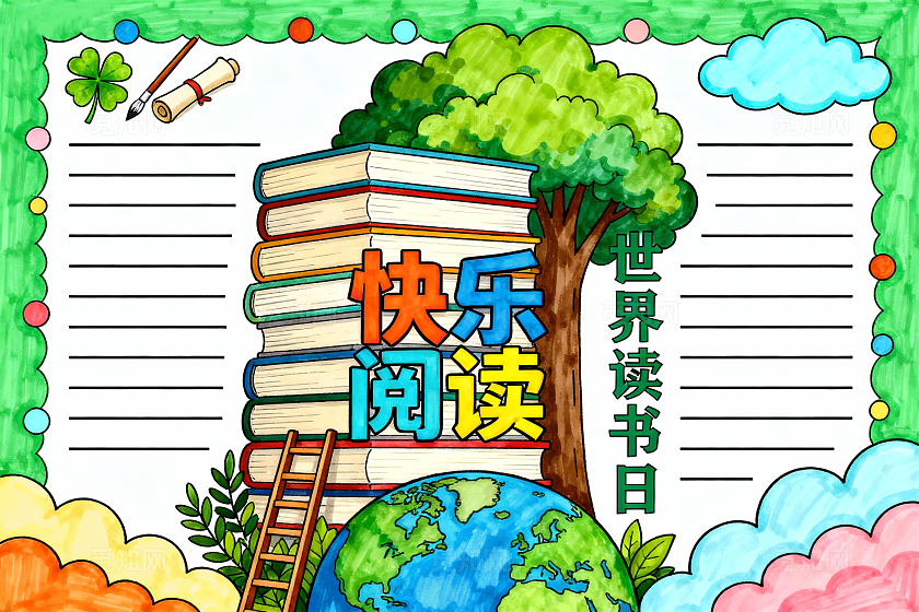 彩色卡通手绘小清新快乐阅读手抄报小学生手抄报