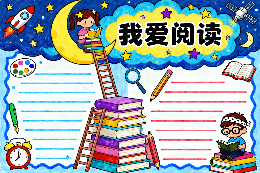 蓝色卡通手绘我爱阅读小报手抄报小学生手抄报