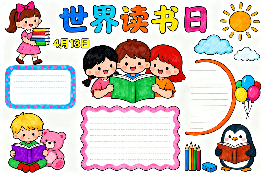 彩色卡通手绘世界读书日小报手抄报小学生手抄报