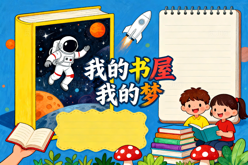 彩色卡通手绘我的书屋我的梦小报手抄报小学生手抄报