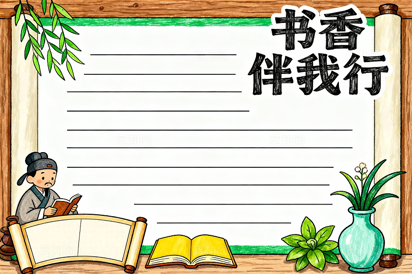 黄棕色古风手绘书香伴我行小报手抄报小学生手抄报