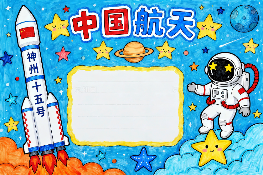 蓝色卡通手绘中国航天小报手抄报小学生手抄报