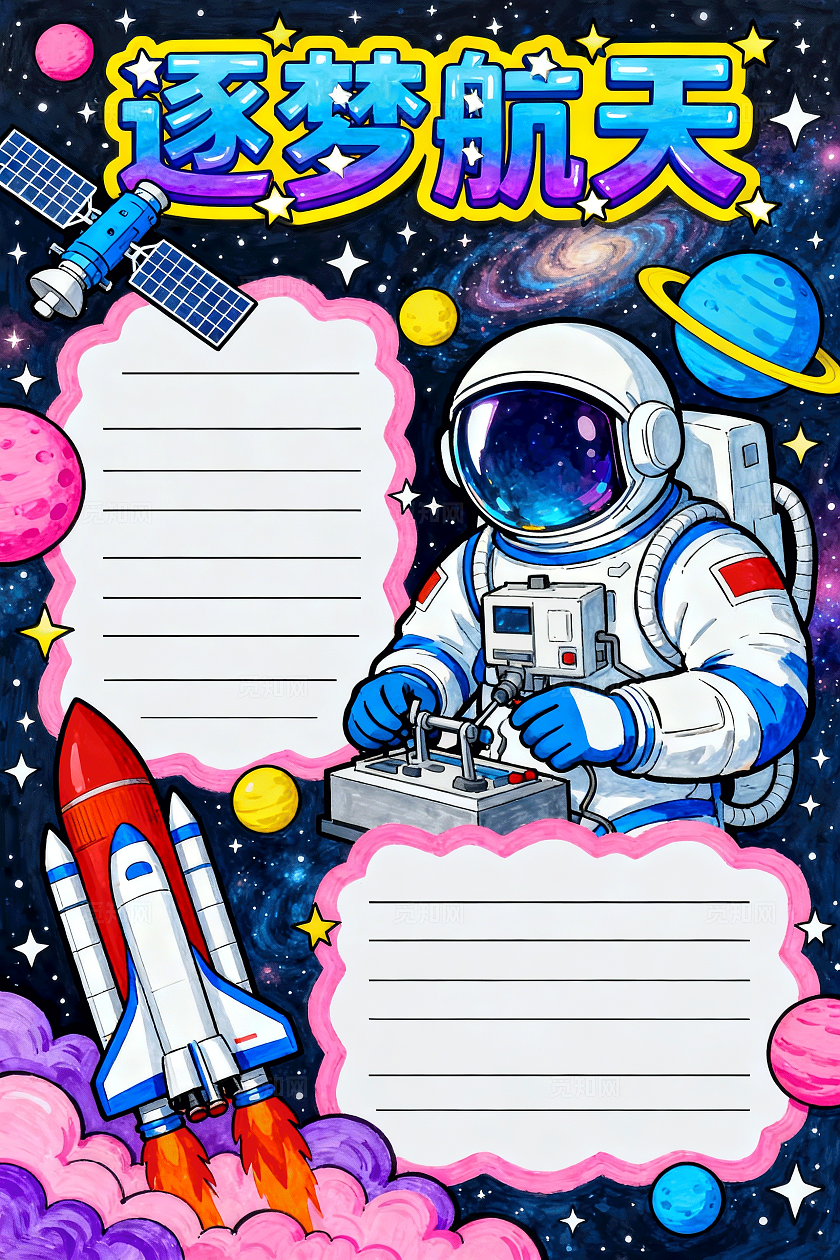 彩色卡通手绘逐梦航天手抄报小报小学生手抄报
