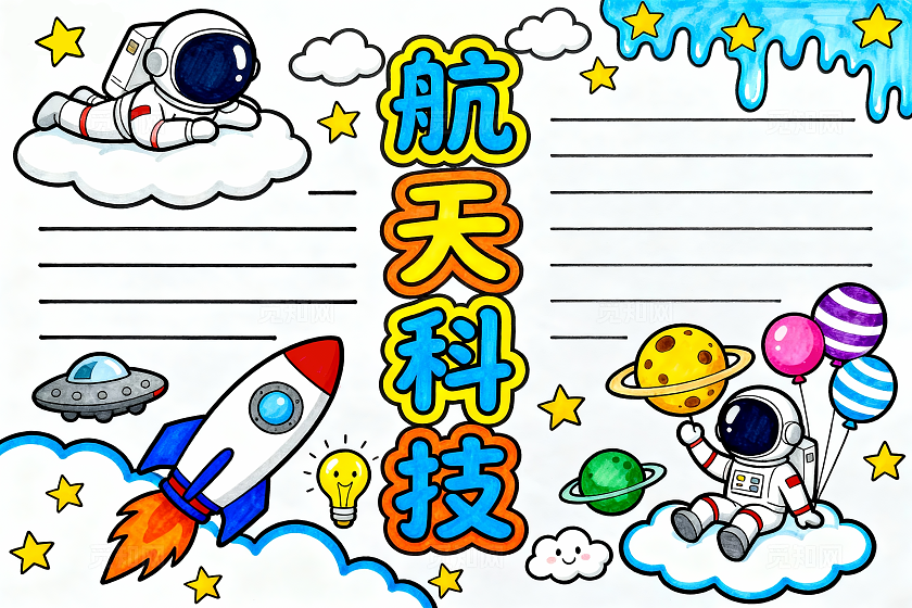彩色卡通手绘航天科技小报手抄报小学生手抄报