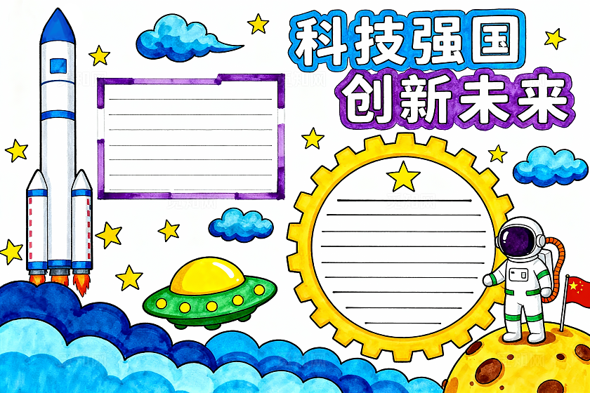 彩色卡通手绘科技强国创新未来小报手抄报小学生手抄报