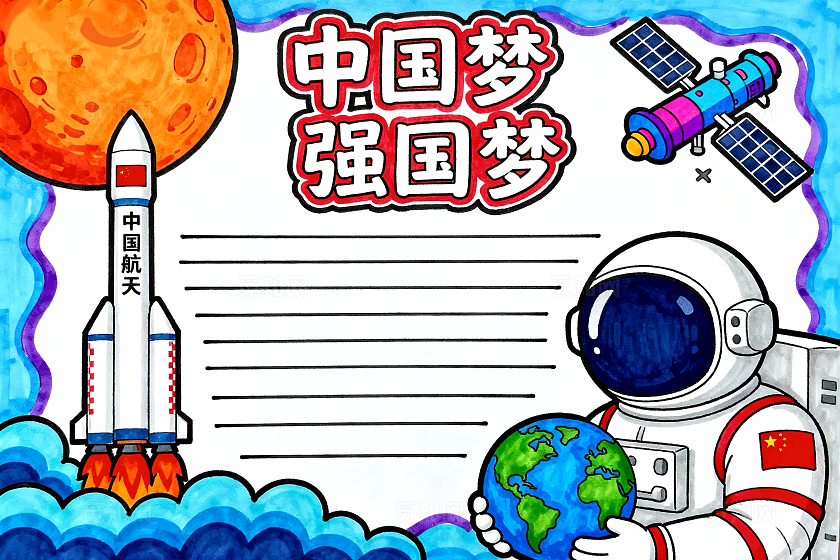 蓝色卡通手绘中国梦强国梦小报手抄报小学生手抄报