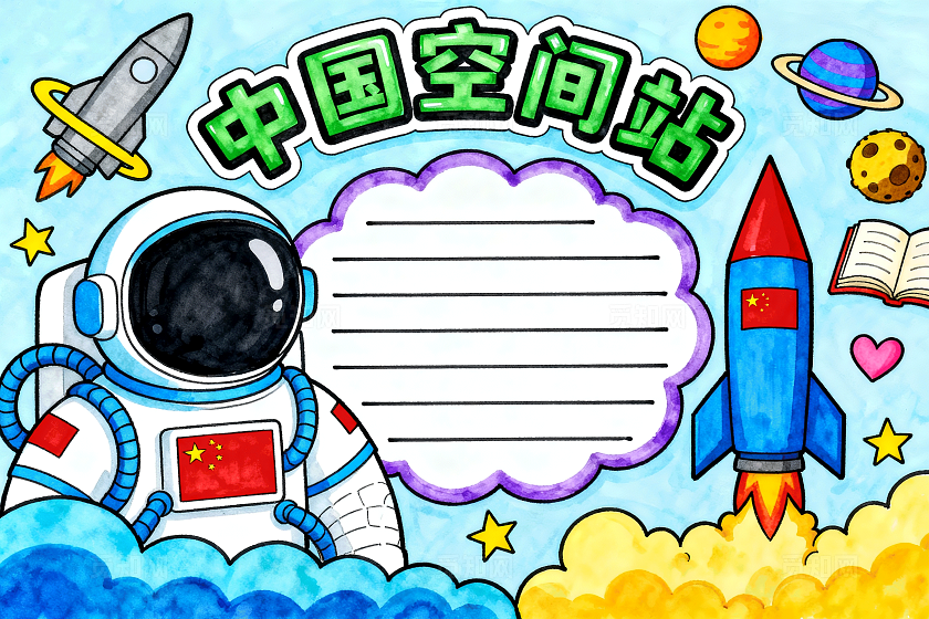 蓝色卡通手绘中国空间站小报手抄报小学生手抄报