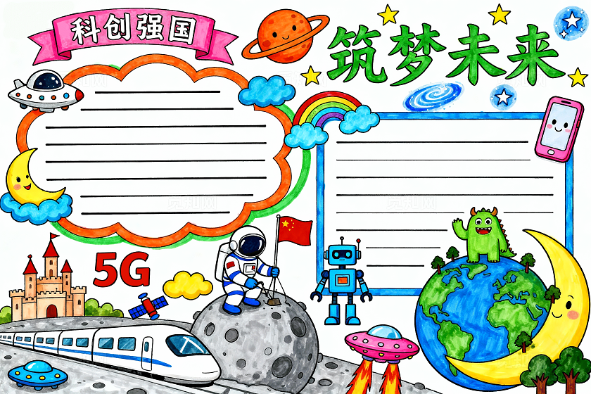 彩色卡通手绘筑梦未来小报手抄报小学生手抄报