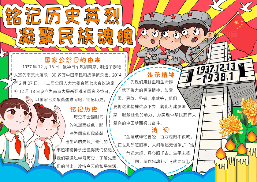红色卡通铭记历史英烈 凝聚民族魂魄小报手抄报卡通小报手抄报南京大屠杀